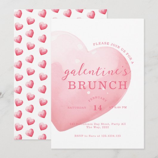 Modern Pink Big Heart Galentine's Day Brunch 招待状 (正面/裏面)