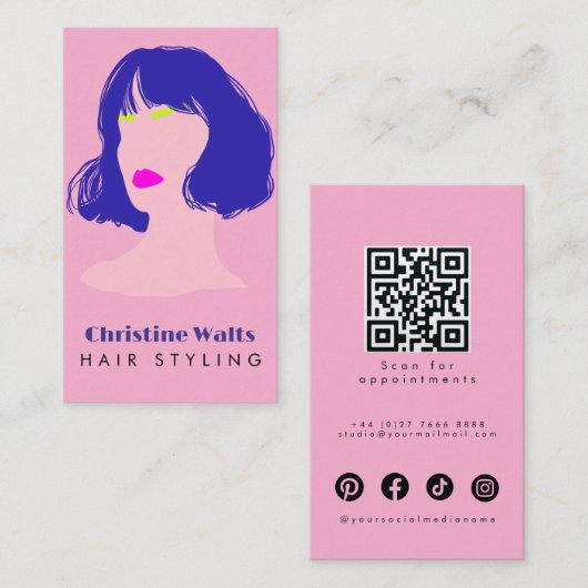 Modern Pink Blue Lime Hair Styling Flat Design QR 名刺 (正面/裏面)