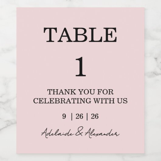 Modern Pink Blush Table Number Wedding   ワインラベル (シングルラベル)