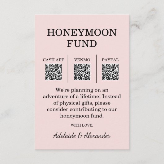 Modern Pink Blush Wedding Honeymoon Fund エンクロージャーカード (正面)