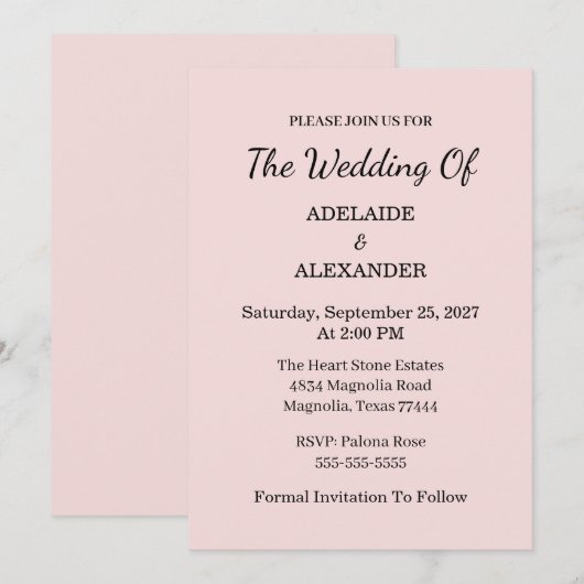 Modern Pink Blush Wedding Save The Date 招待状 (正面/裏面)