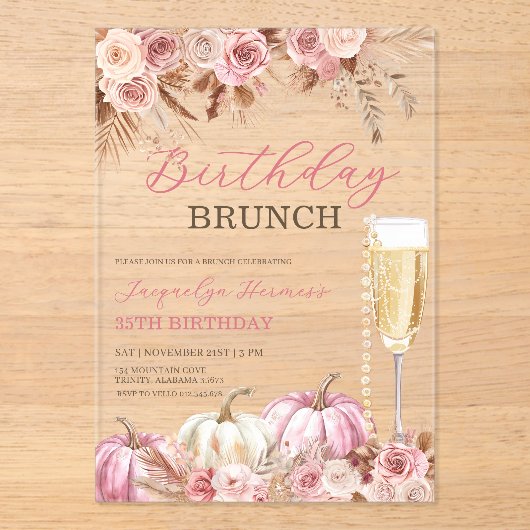 Modern Pink Boho Pumpkin Autumn Birthday Brunch  アクリル招待状 (正面)