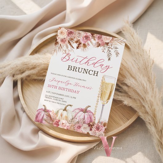 Modern Pink Boho Pumpkin Autumn Birthday Brunch  招待状