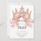 Modern pink bow and crown birthday party  招待状 (正面)
