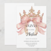 Modern pink bow and crown birthday party  招待状 (正面/裏面)