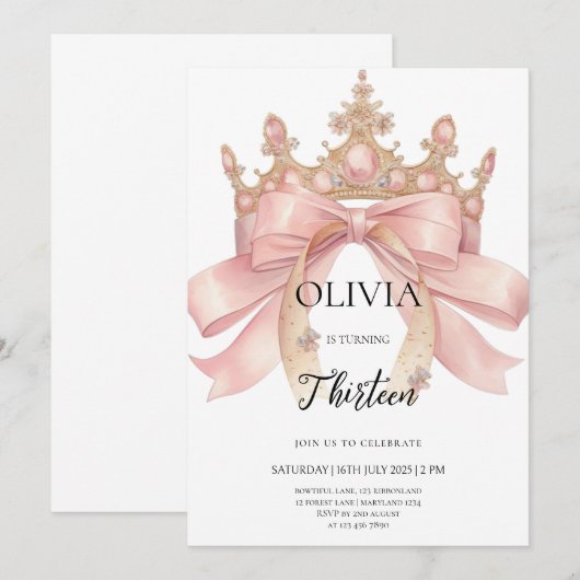 Modern pink bow and crown birthday party 招待状 (正面/裏面)