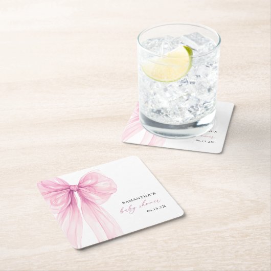 Modern Pink Bow Baby Shower スクエアペーパーコースター (インサイチュ)