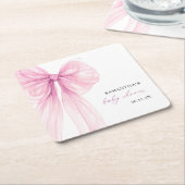 Modern Pink Bow Baby Shower スクエアペーパーコースター (アングル)