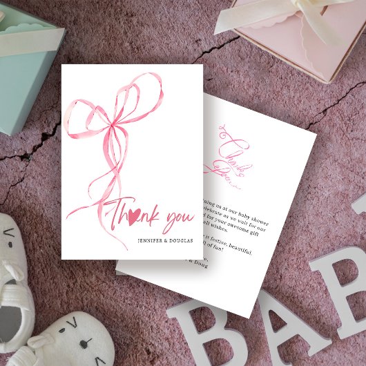Modern Pink Bow Baby Shower Ribbon Heart サンキューカード