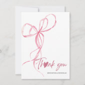Modern Pink Bow Baby Shower Ribbon Heart サンキューカード (正面)