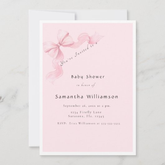 Modern Pink Bow Coquette Baby Shower 招待状 (正面)