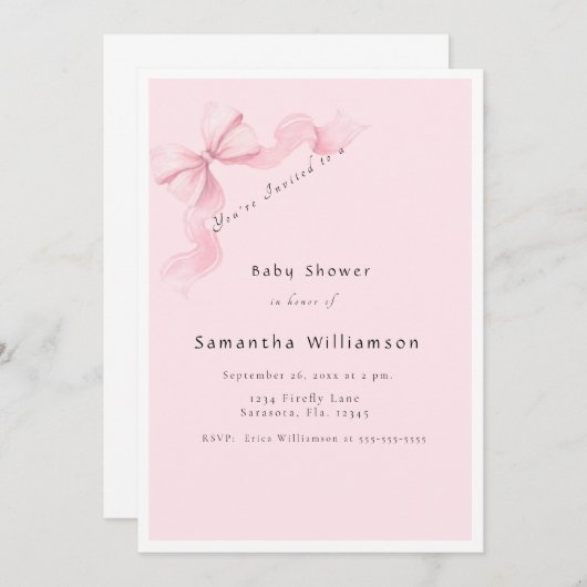 Modern Pink Bow Coquette Baby Shower 招待状 (正面/裏面)