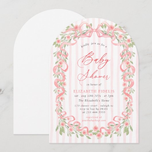 Modern Pink Bow Floral Roses Arch Baby Shower 招待状 (正面/裏面)