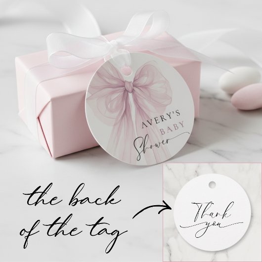 Modern Pink Bow Girl Baby Shower フェイバータグ