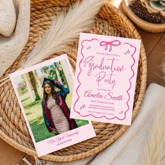 Modern Pink Bow Graduation Class of 2026 Photo 招待状