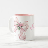 Modern Pink Bow poinsettia Christmas Name ツートーンマグカップ (正面左)