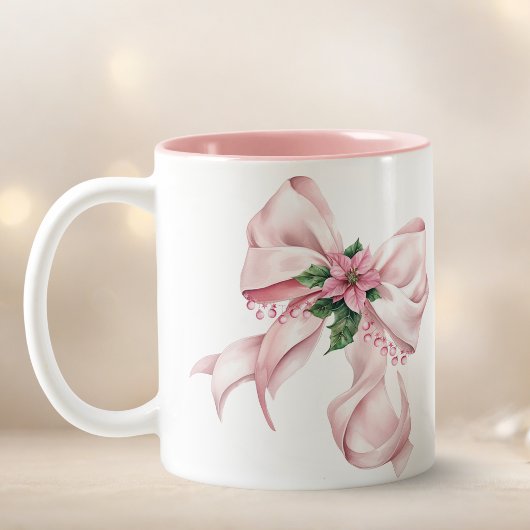 Modern Pink Bow poinsettia Christmas Name ツートーンマグカップ
