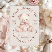 Modern Pink Bow Teddy Bear Baby Shower Invitation 招待状