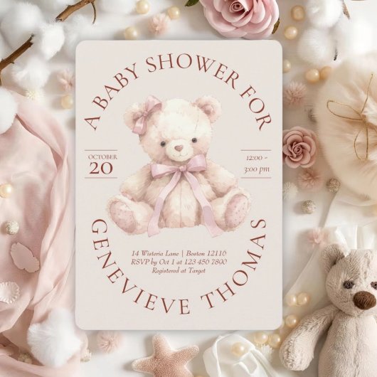Modern Pink Bow Teddy Bear Baby Shower Invitation 招待状