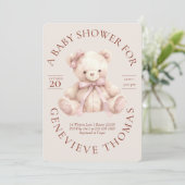 Modern Pink Bow Teddy Bear Baby Shower Invitation 招待状 (スタンド正面)
