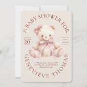 Modern Pink Bow Teddy Bear Baby Shower Invitation 招待状 (正面)