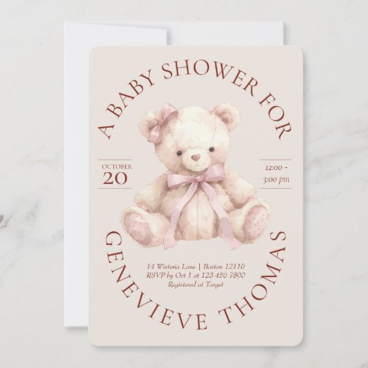 Modern Pink Bow Teddy Bear Baby Shower Invitation 招待状 (正面)