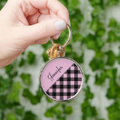 Modern Pink Buffalo Plaid Check Pattern Name キーホルダー (手)