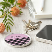 Modern Pink Buffalo Plaid Check Pattern Name キーホルダー (側面)
