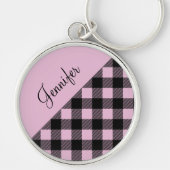 Modern Pink Buffalo Plaid Check Pattern Name キーホルダー (正面)