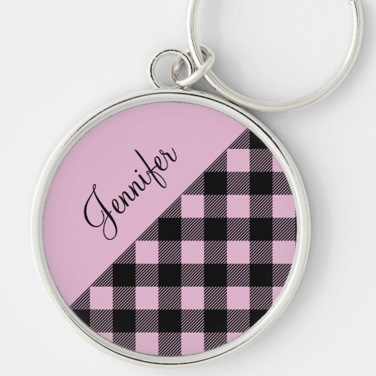 Modern Pink Buffalo Plaid Check Pattern Name キーホルダー (正面)