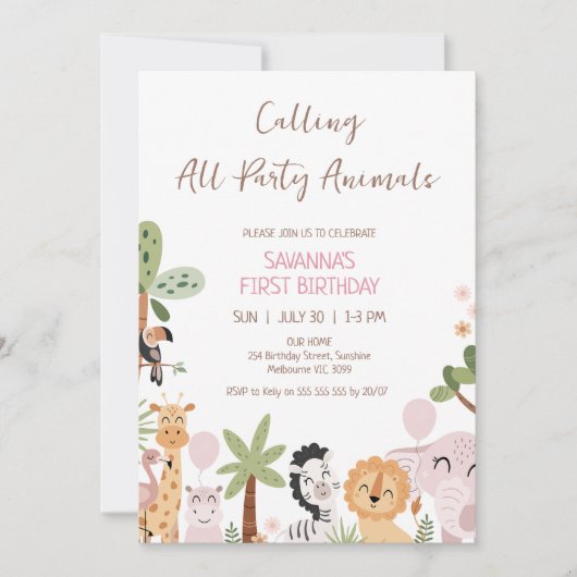 Modern Pink Calling All Party Animals Birthday 招待状 (正面)