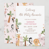 Modern Pink Calling All Party Animals Birthday 招待状 (正面/裏面)