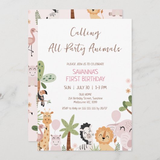 Modern Pink Calling All Party Animals Birthday 招待状 (正面/裏面)