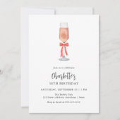 Modern Pink Champagne Bow Adult Birthday 招待状 (正面)