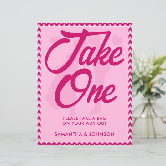 Modern Pink Chevron Take One Wedding Favor Sign (スタンド正面)