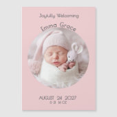 Modern Pink Circle Photo Magnet Birth Announcement (正面)
