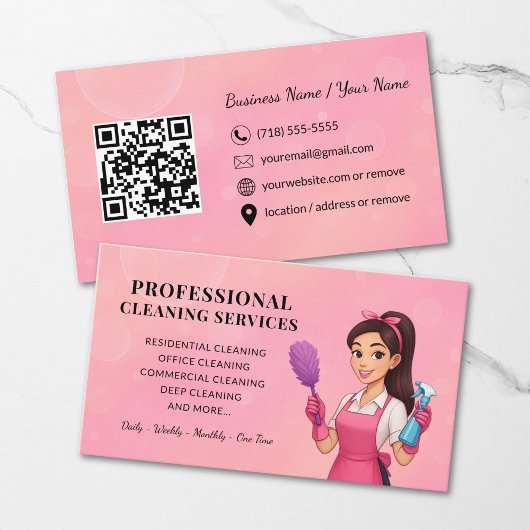 Modern Pink Cleaning Service Business Card 名刺