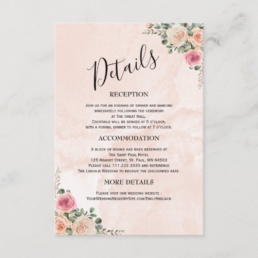 Modern Pink Cream Floral Wedding Enclosure Cards エンクロージャーカード (正面)