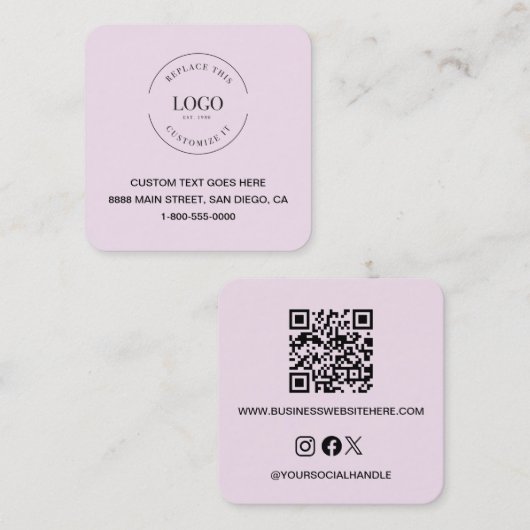Modern Pink Custom Logo Social Icons QR Code  スクエア名刺 (正面/裏面)
