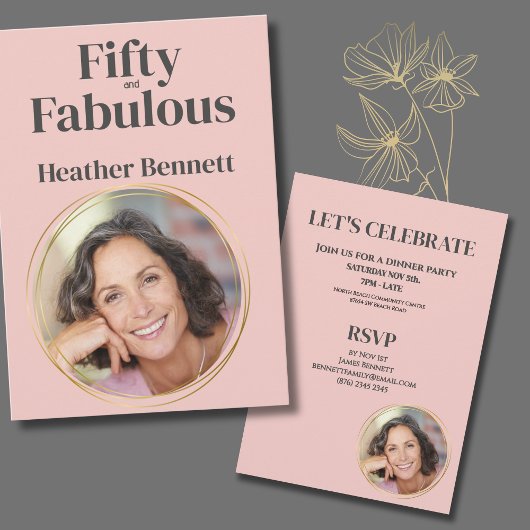 Modern Pink Fifty and Fabulous Photo Birthday 招待状