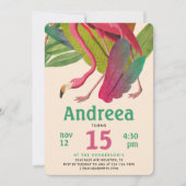 Modern Pink Flamingo Green Tropical Summer Leaves 招待状 (正面)