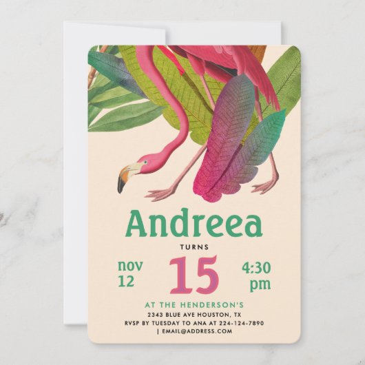 Modern Pink Flamingo Green Tropical Summer Leaves 招待状 (正面)