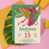 Modern Pink Flamingo Green Tropical Summer Leaves 招待状