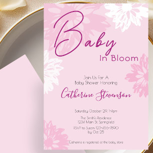 Modern Pink Floral Baby In Bloom ベビーシャワー  招待状
