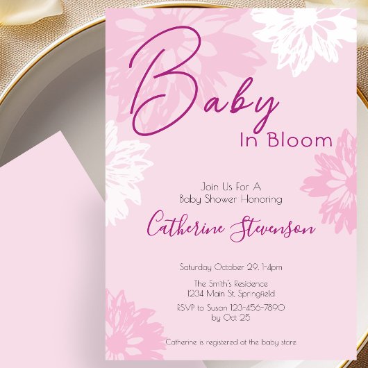 Modern Pink Floral Baby In Bloom ベビーシャワー 招待状