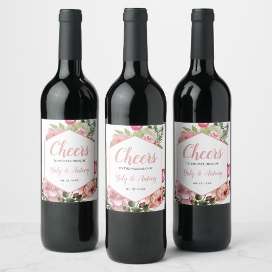 Modern Pink Floral Hexagon Drink Decor ワインラベル (ボトル)