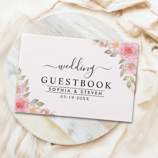 Modern Pink Floral Wedding Party with Golden Touch ゲストブック