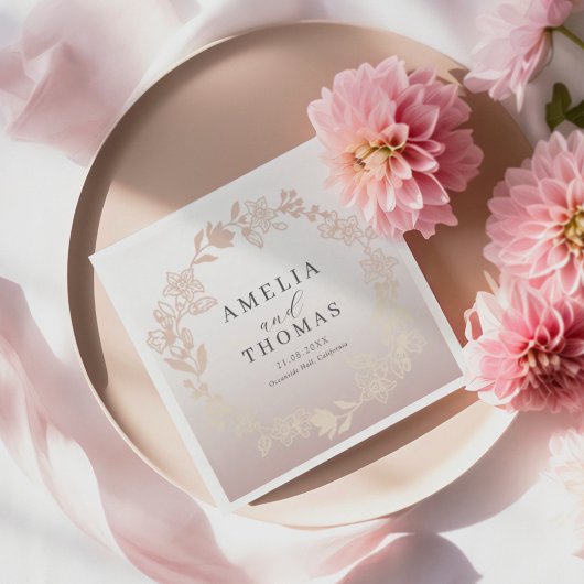 Modern Pink Floral Wreath Wedding スタンダードカクテルナプキン