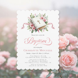 Modern Pink Flower Baptism Invitation 招待状