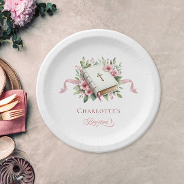 Modern Pink Flower Baptism Paper Plate ペーパープレート